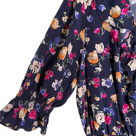 Lauren Ralph Lauren Navy Floral Women's Size Large V-Neck Ruffle Top - Picture 5 of 11